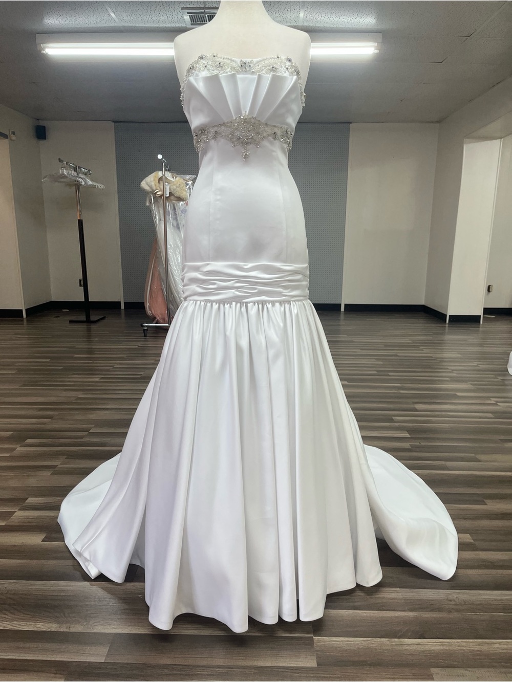Strapless White Satin Mermaid Wedding Gown with Beaded Top